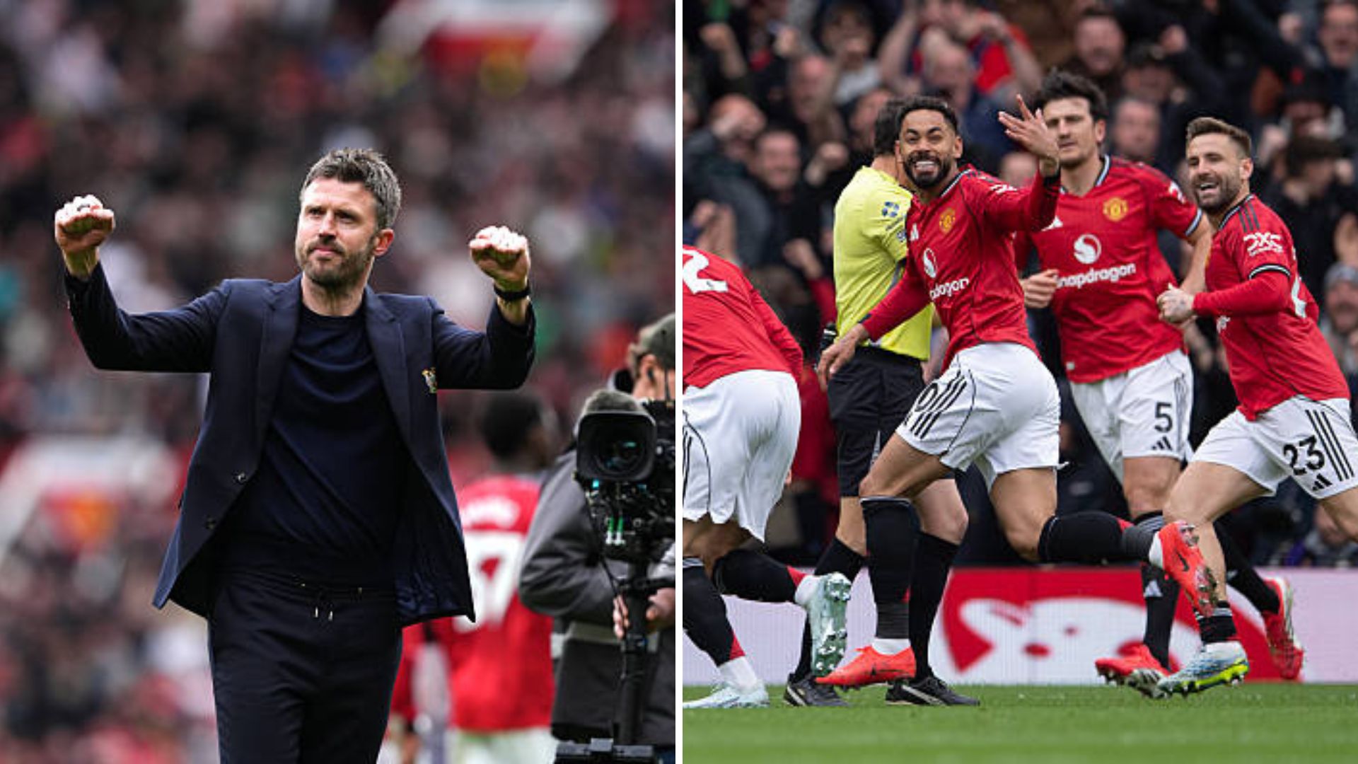 Split image featuring a delighted Michael Carrick and Manchester United players celebrating.