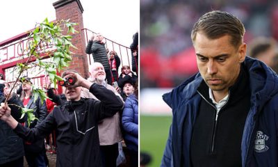Split image featuring a Middlesbrough fan with binoculars and Tonda Eckert looking dejected.