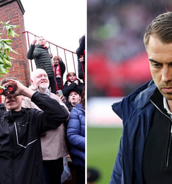 Split image featuring a Middlesbrough fan with binoculars and Tonda Eckert looking dejected.