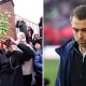 Split image featuring a Middlesbrough fan with binoculars and Tonda Eckert looking dejected.