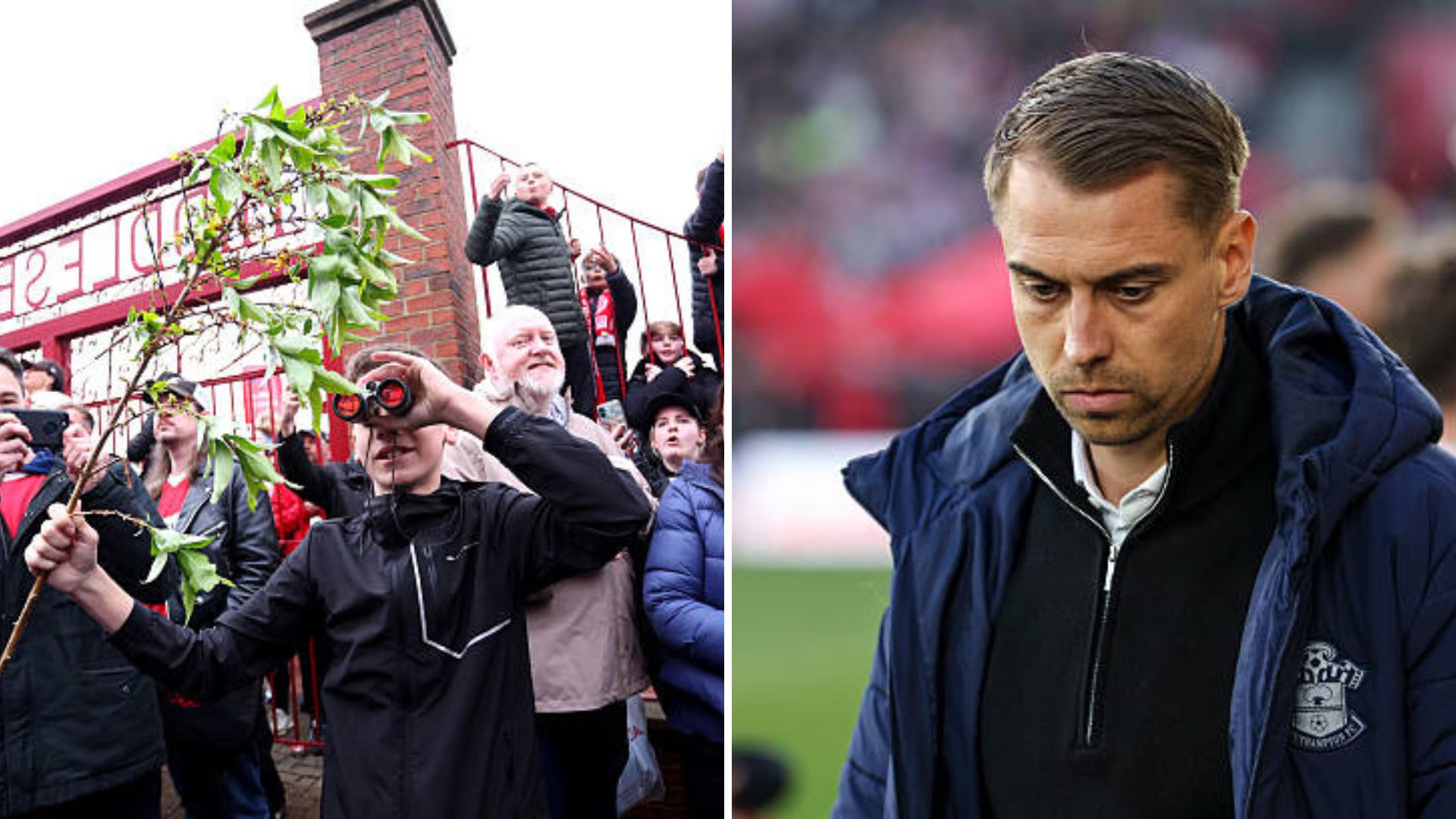 Split image featuring a Middlesbrough fan with binoculars and Tonda Eckert looking dejected.