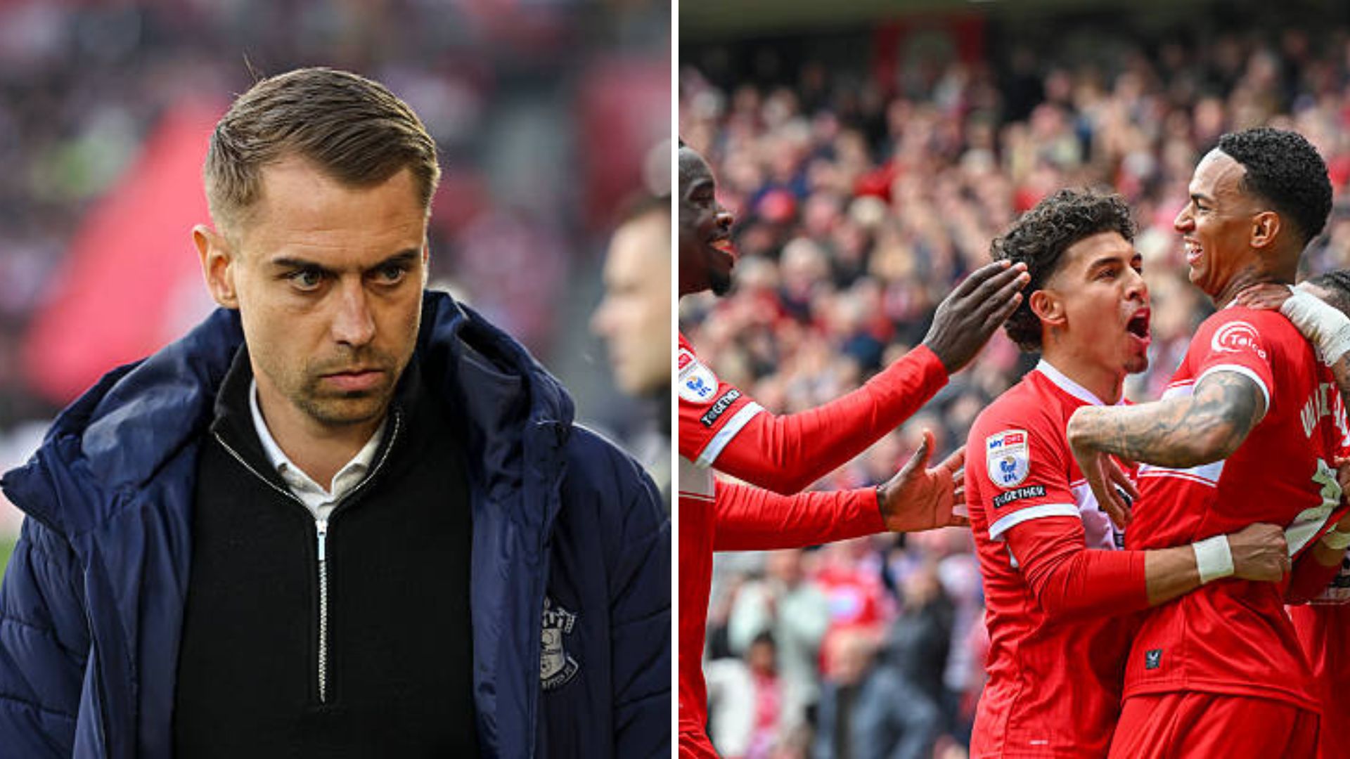 Split image featuring Southampton manager Tonda Eckert and Middlesbrough team celebrating.