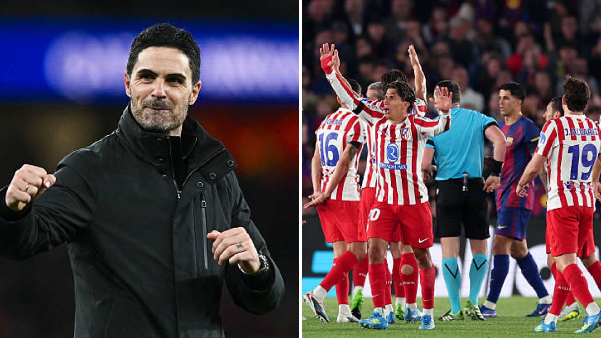 Split image featuring Mikel Arteta and Spanish teams.