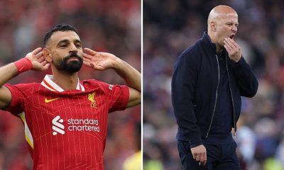 Mohamed Salah celebrates after scoring and Arne Slot looking dejected