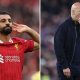 Mohamed Salah celebrates after scoring and Arne Slot looking dejected