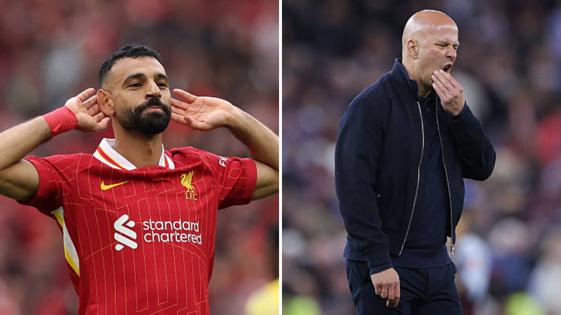 Mohamed Salah celebrates after scoring and Arne Slot looking dejected