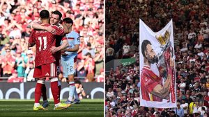 Split image featuring Mohamed Salah with Andy Robertson and fans serenading Salah.