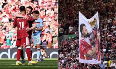 Split image featuring Mohamed Salah with Andy Robertson and fans serenading Salah.