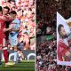 Split image featuring Mohamed Salah with Andy Robertson and fans serenading Salah.