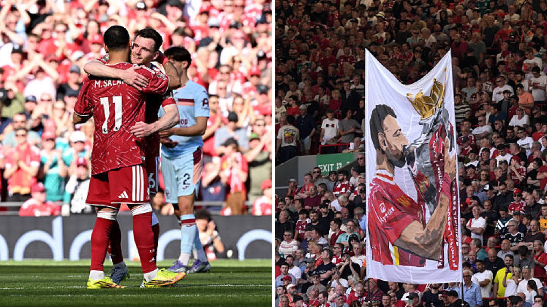 Split image featuring Mohamed Salah with Andy Robertson and fans serenading Salah.