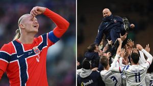 Split image featuring Erling Haaland and Norway national team.