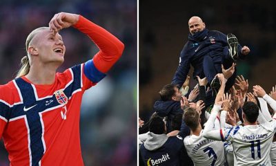 Split image featuring Erling Haaland and Norway national team.
