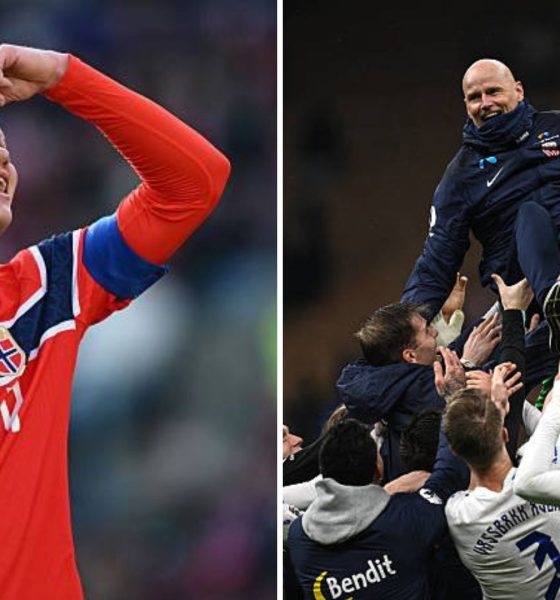 Split image featuring Erling Haaland and Norway national team.