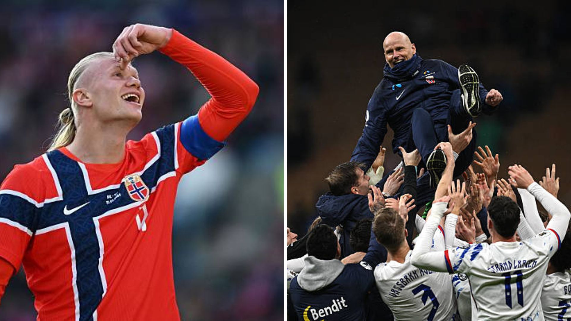 Split image featuring Erling Haaland and Norway national team.