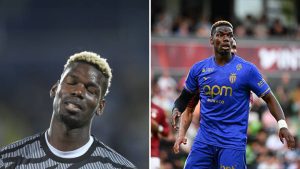 Split image featuring Paul Pogba for Juventus in 2023 and Paul Pogba now for Monaco in 2026.