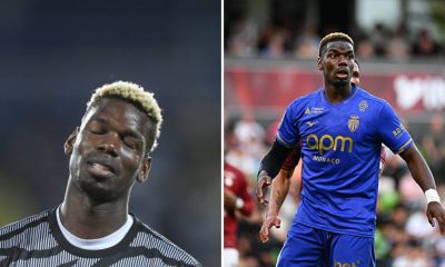 Split image featuring Paul Pogba for Juventus in 2023 and Paul Pogba now for Monaco in 2026.