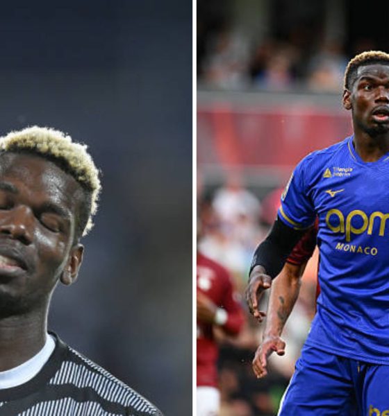 Split image featuring Paul Pogba for Juventus in 2023 and Paul Pogba now for Monaco in 2026.