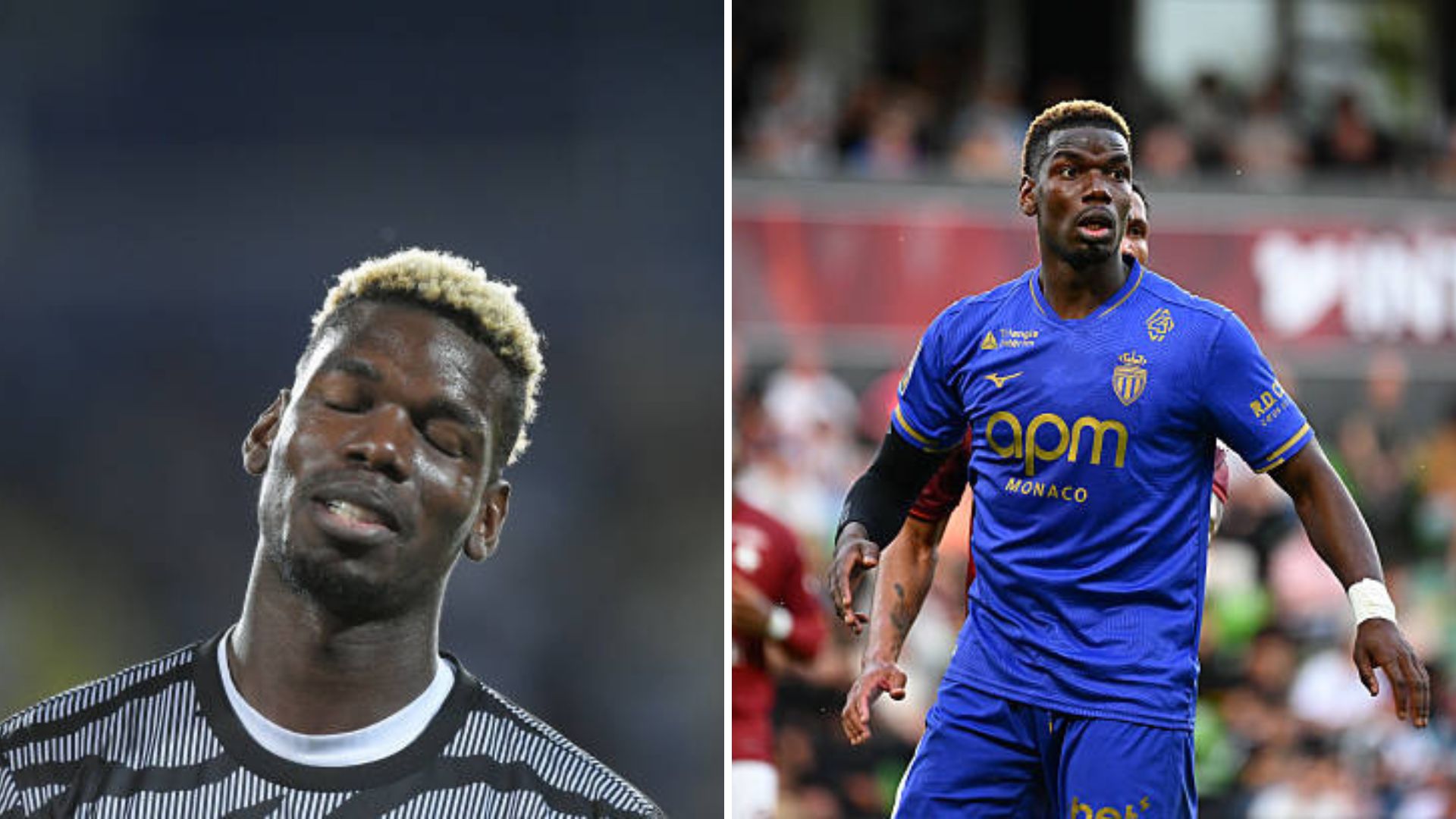 Split image featuring Paul Pogba for Juventus in 2023 and Paul Pogba now for Monaco in 2026.