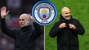 Split image featuring Pep Guardiola, Enzo Maresca, and the Manchester City crest.