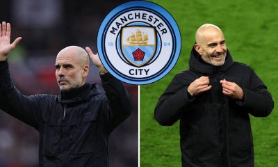 Split image featuring Pep Guardiola, Enzo Maresca, and the Manchester City crest.