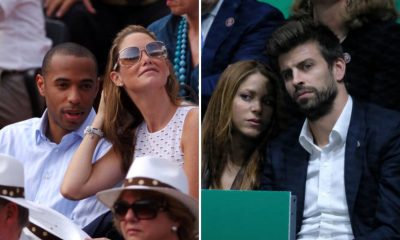 Split image featuring Shakira and Pique and Thierry Henry and his ex-wife.