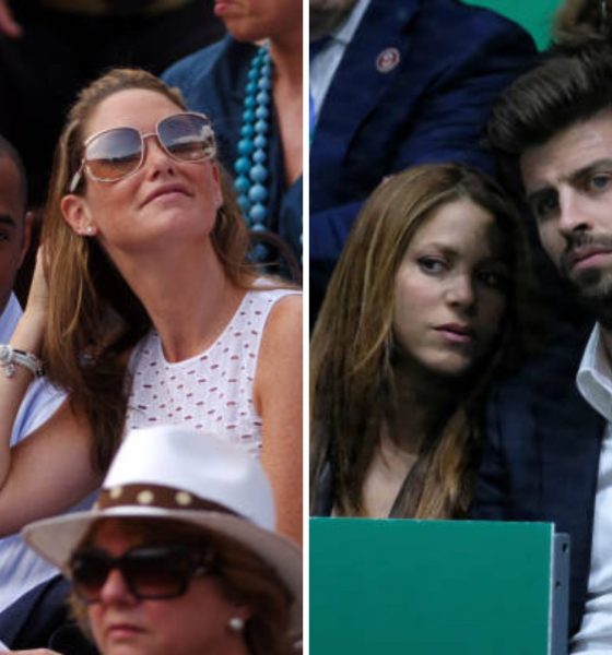 Split image featuring Shakira and Pique and Thierry Henry and his ex-wife.