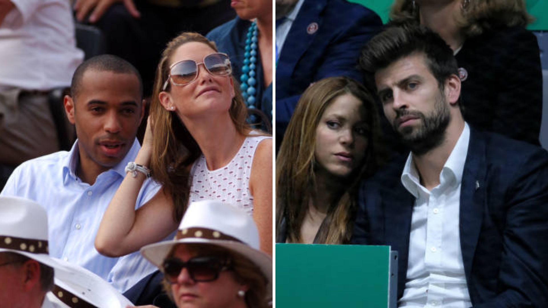 Split image featuring Shakira and Pique and Thierry Henry and his ex-wife.