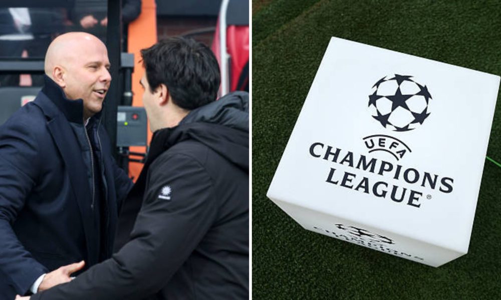 Split image featuring Andoni Iraola with Arne Slot and the Champions League logo.