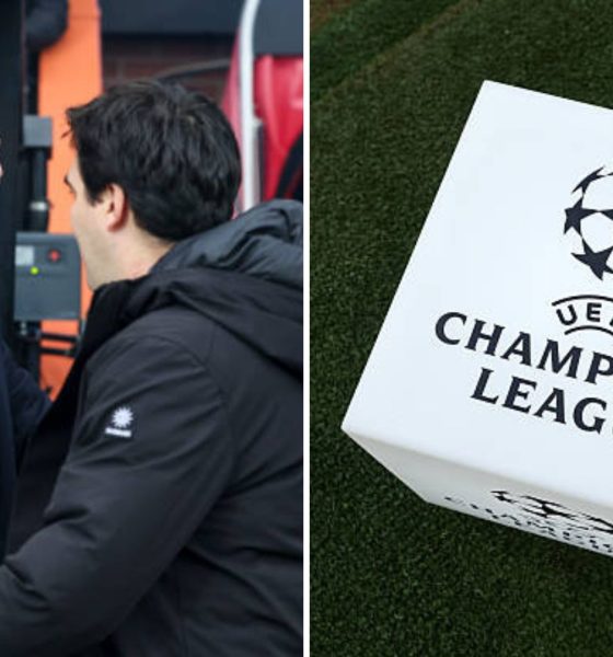 Split image featuring Andoni Iraola with Arne Slot and the Champions League logo.