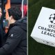 Split image featuring Andoni Iraola with Arne Slot and the Champions League logo.
