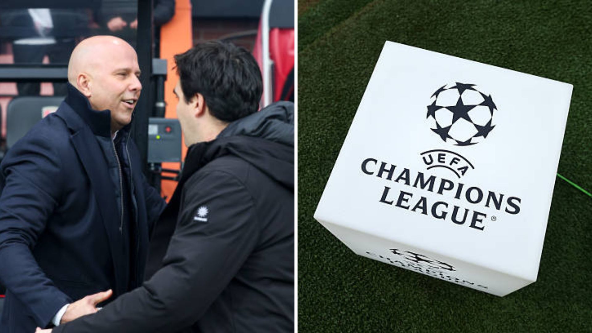Split image featuring Andoni Iraola with Arne Slot and the Champions League logo.