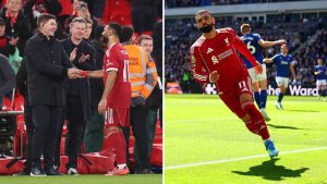 Split image featuring Steven Gerrard meeting Mohamed Salah and Mohamed Salah celebrating his goal against Everton.