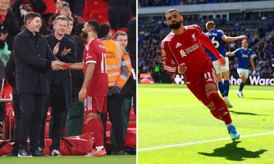 Split image featuring Steven Gerrard meeting Mohamed Salah and Mohamed Salah celebrating his goal against Everton.