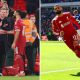 Split image featuring Steven Gerrard meeting Mohamed Salah and Mohamed Salah celebrating his goal against Everton.