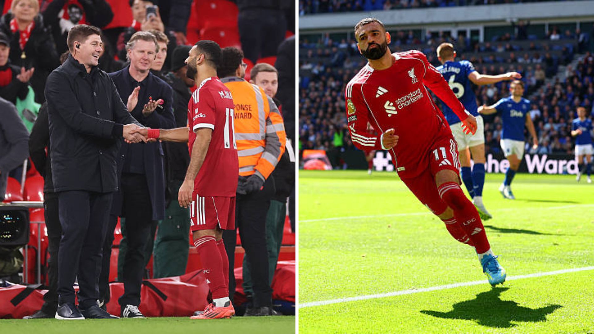 Split image featuring Steven Gerrard meeting Mohamed Salah and Mohamed Salah celebrating his goal against Everton.