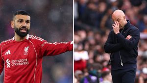 Split image featuring Arne Slot and Mohamed Salah reacting.