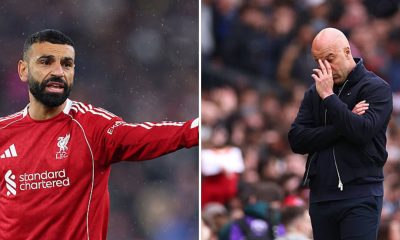 Split image featuring Arne Slot and Mohamed Salah reacting.