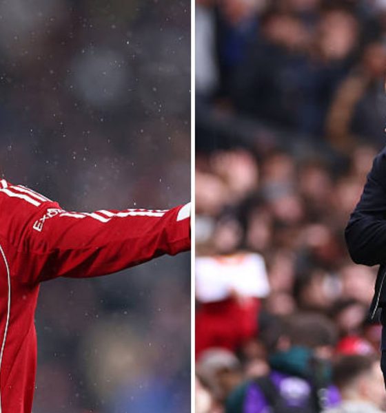 Split image featuring Arne Slot and Mohamed Salah reacting.