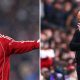 Split image featuring Arne Slot and Mohamed Salah reacting.