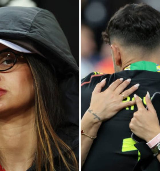 Split image featuring Claudia Rodriguez and David Raya's partner, Tatiana.