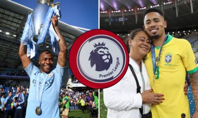 Split image featuring Raheem Sterling with the Premier League trophy and Gabriel Jesus with his mother.