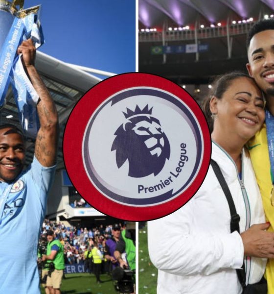 Split image featuring Raheem Sterling with the Premier League trophy and Gabriel Jesus with his mother.