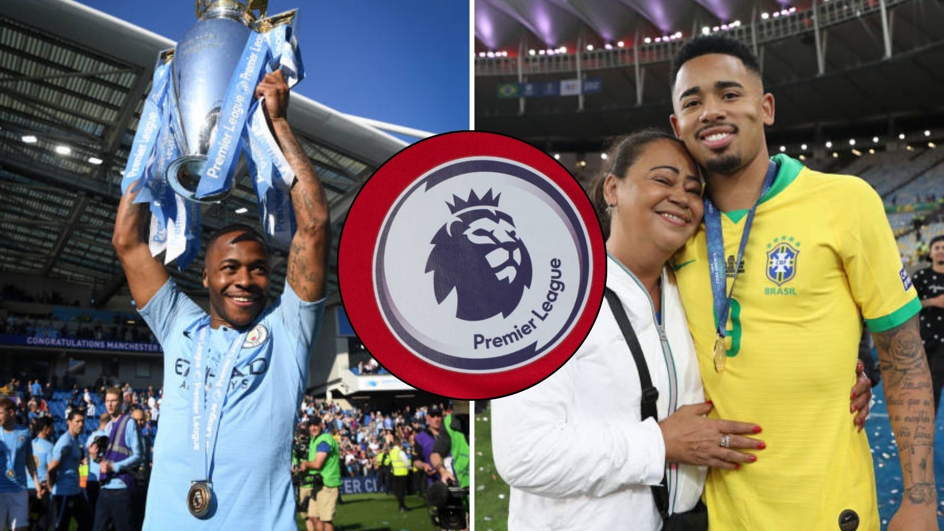 Split image featuring Raheem Sterling with the Premier League trophy and Gabriel Jesus with his mother.