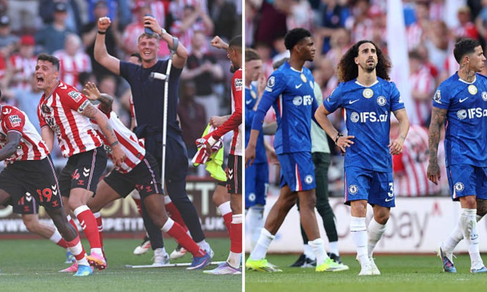 Split image featuring contrasting emotions of Sunderland and Chelsea players.