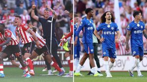 Split image featuring contrasting emotions of Sunderland and Chelsea players.