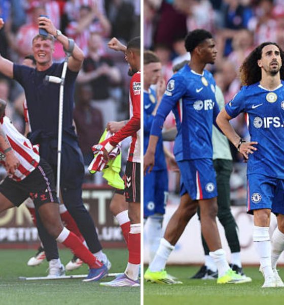 Split image featuring contrasting emotions of Sunderland and Chelsea players.