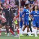 Split image featuring contrasting emotions of Sunderland and Chelsea players.