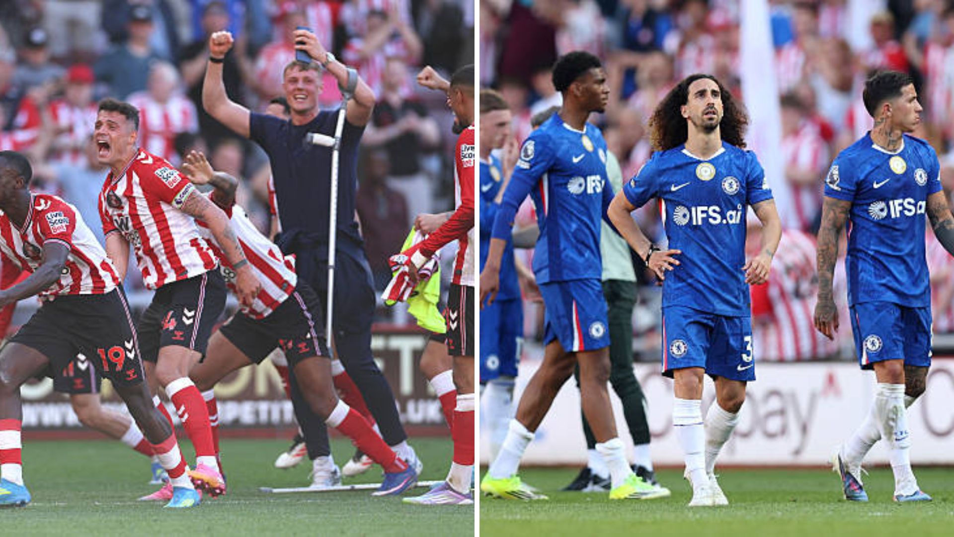 Split image featuring contrasting emotions of Sunderland and Chelsea players.