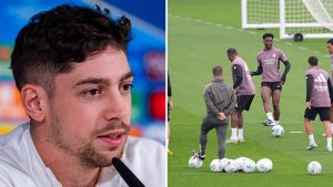 Split image featuring Federico Valverde and the Real Madrid training center.