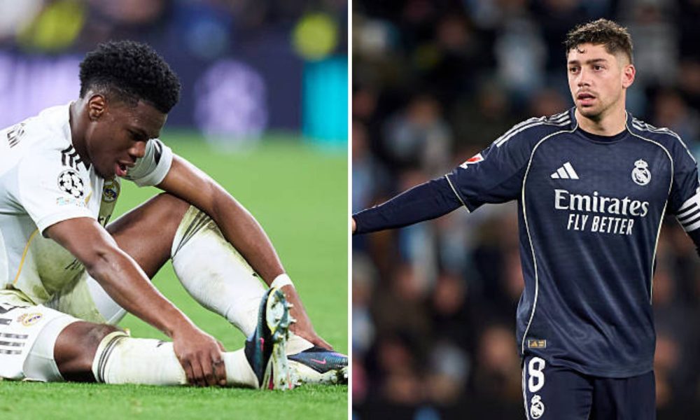 Split image featuring Aurelien Tchouameni looking dejected and Federico Valverde reacting.